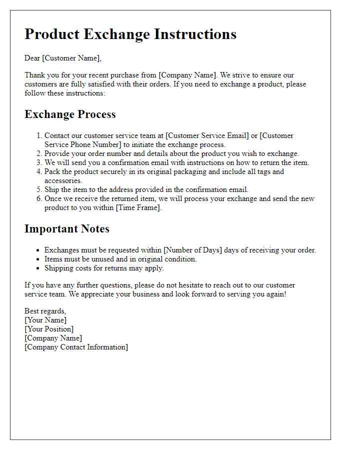 Letter template of product exchange instructions for customers