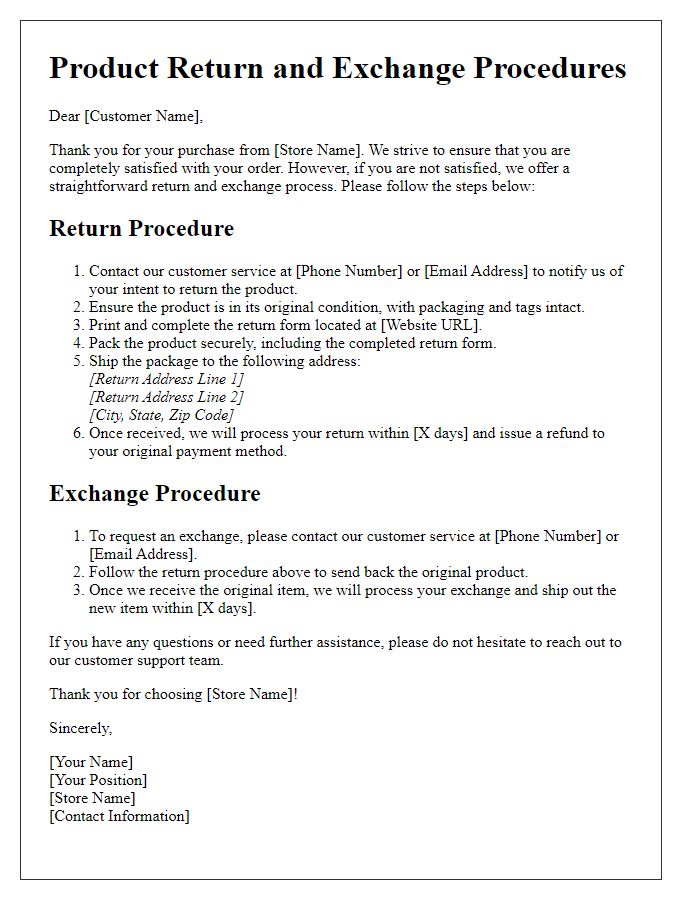 Letter template of product return and exchange procedures