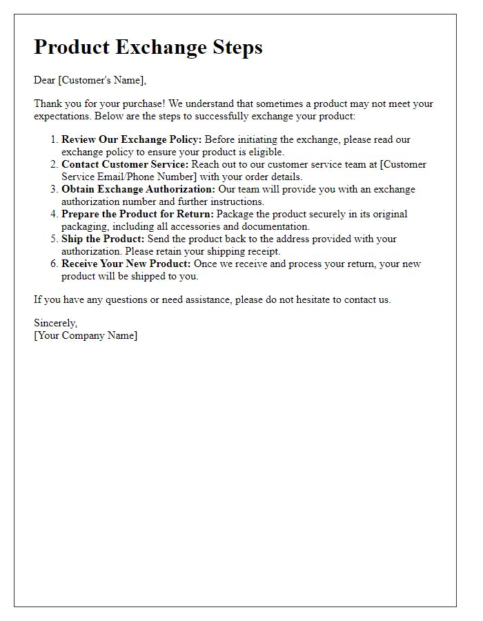 Letter template of steps to successfully exchange a product