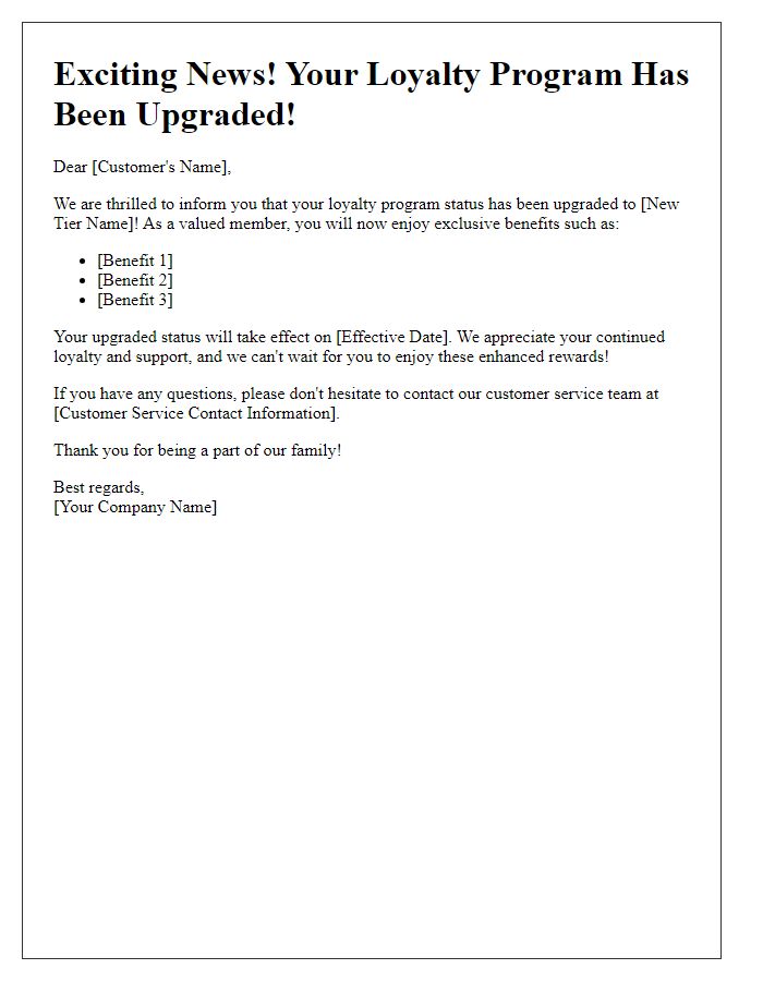 Letter template of loyalty program upgrade notification