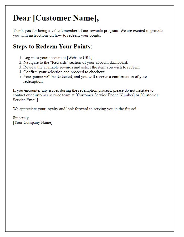 Letter template of points redemption instructions