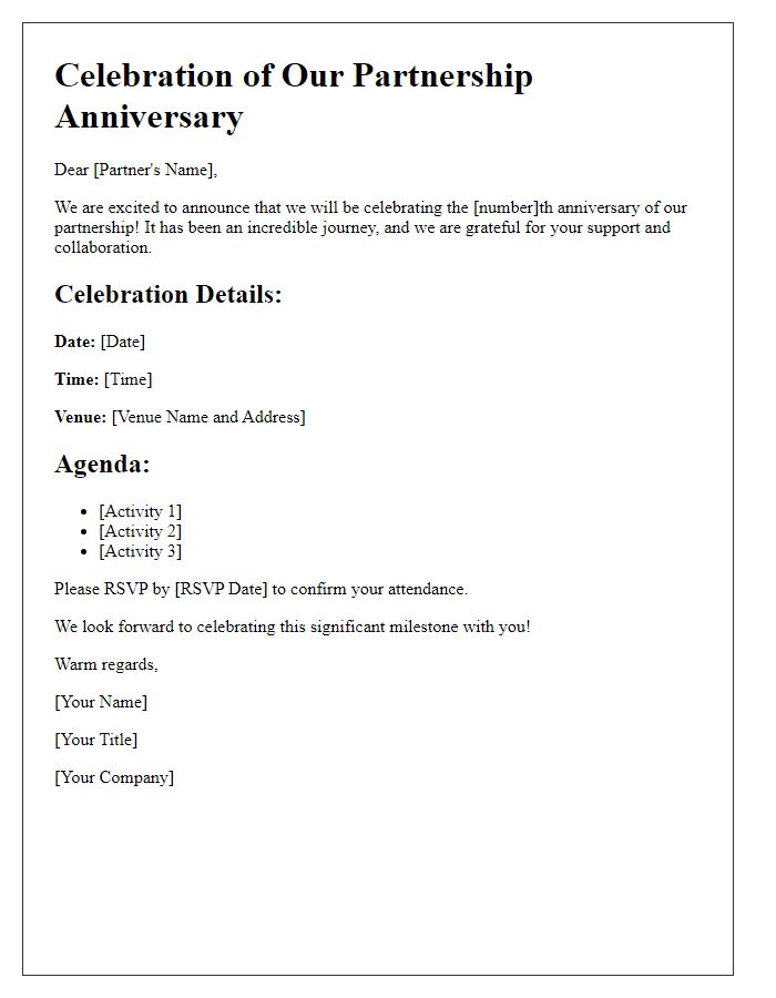 Letter template of celebration details for partnership anniversary