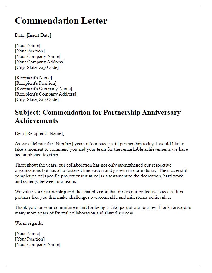 Letter template of commendation for partnership anniversary achievements