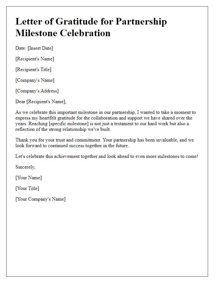 Letter template of gratitude for partnership milestone celebration