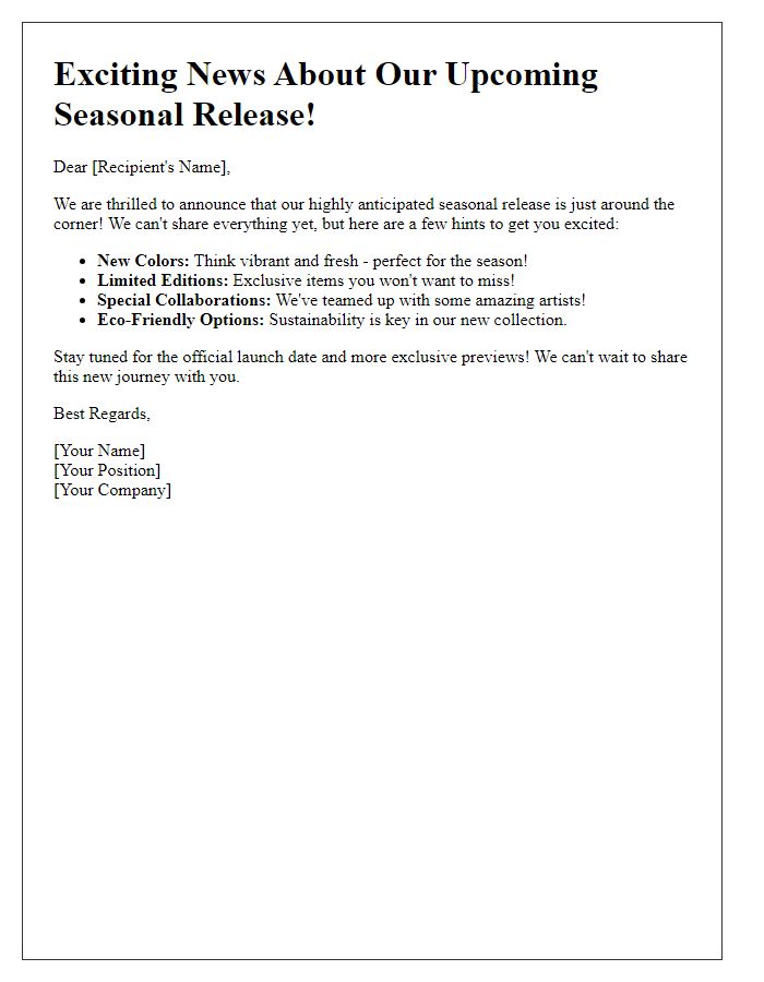 Letter template of hints for upcoming seasonal release