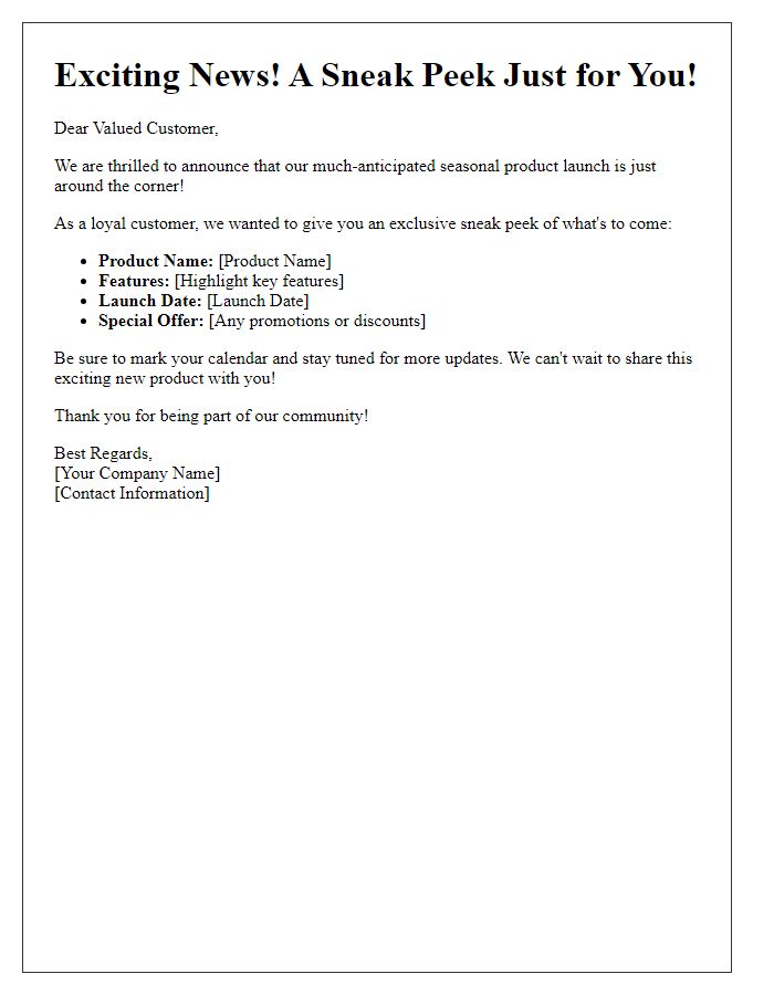 Letter template of sneak peek for upcoming seasonal product launch