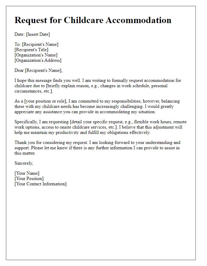 Letter template of special request for childcare accommodation.