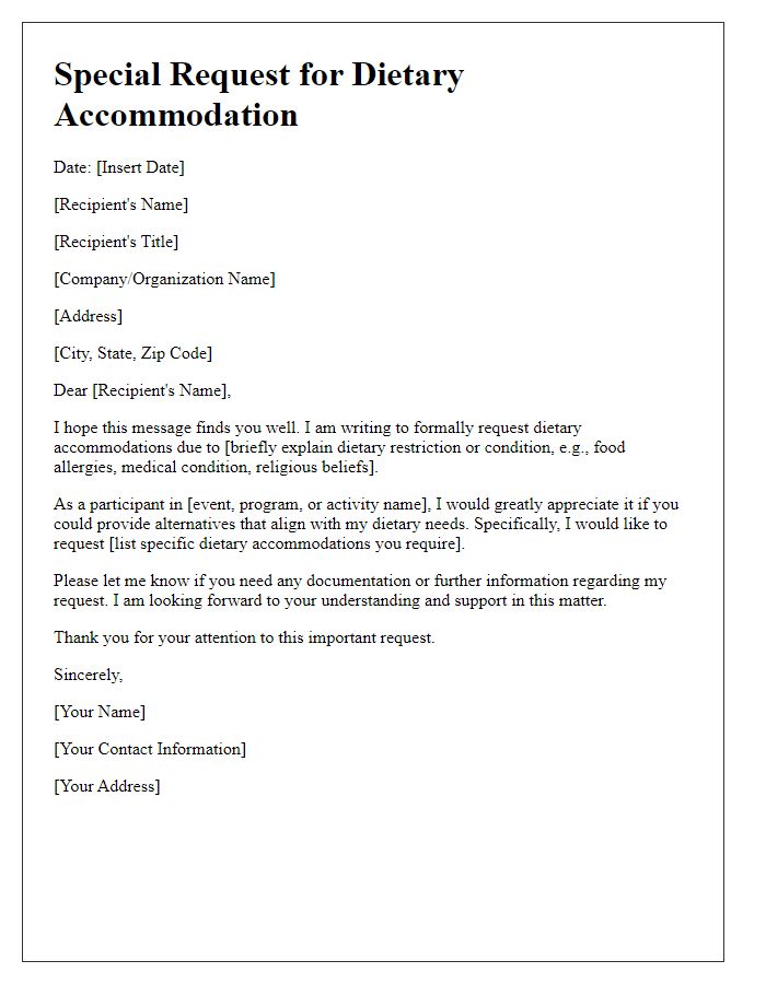 Letter template of special request for dietary accommodation.