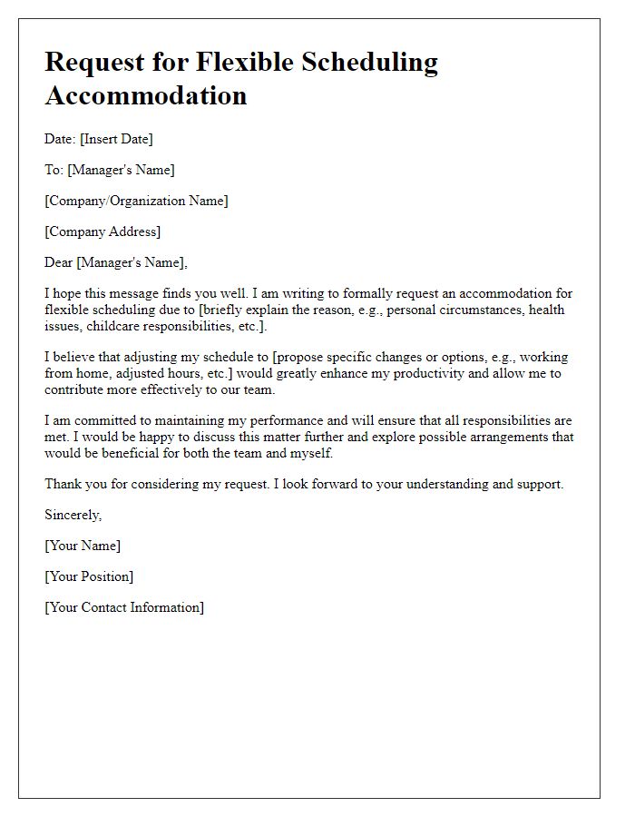 Letter template of special request for flexible scheduling accommodation.