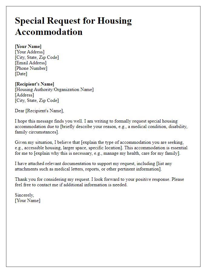 Letter template of special request for housing accommodation.