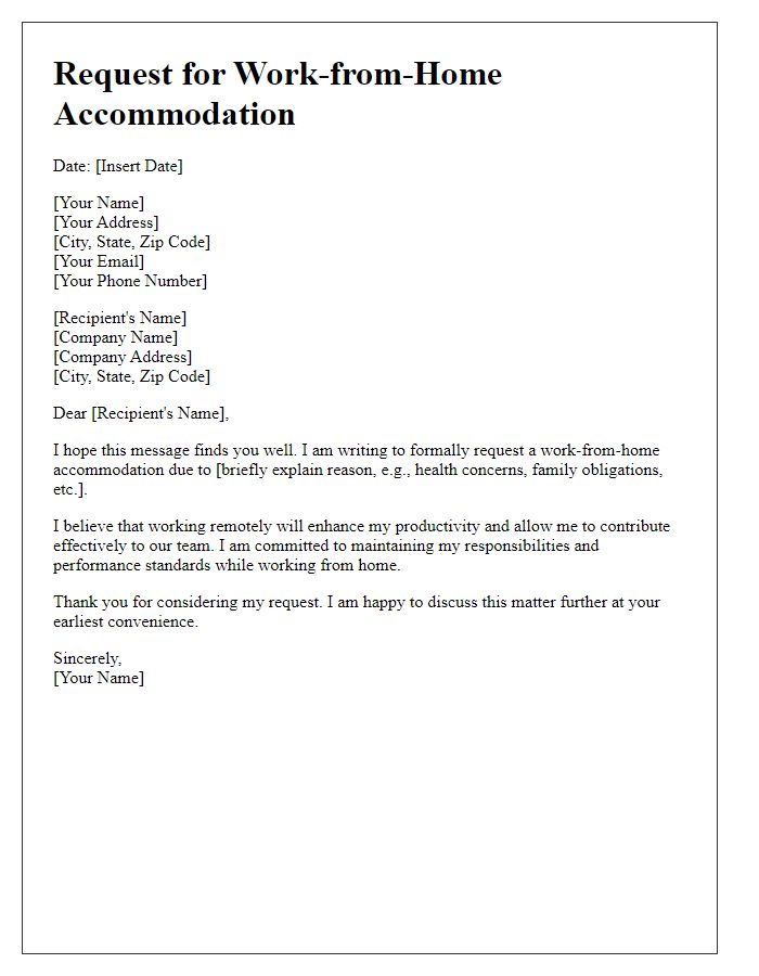 Letter template of special request for work-from-home accommodation.