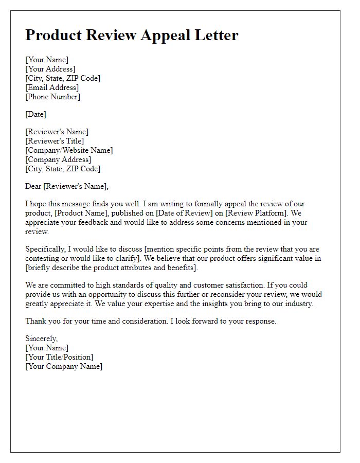 Letter template of product review appeal for professional reviewers