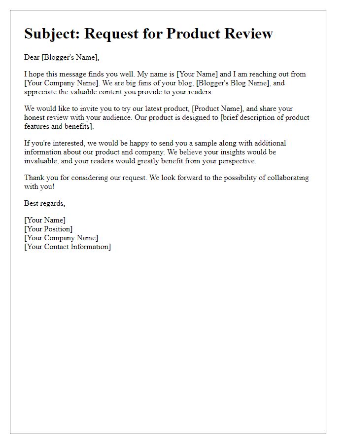 Letter template of product review request for bloggers