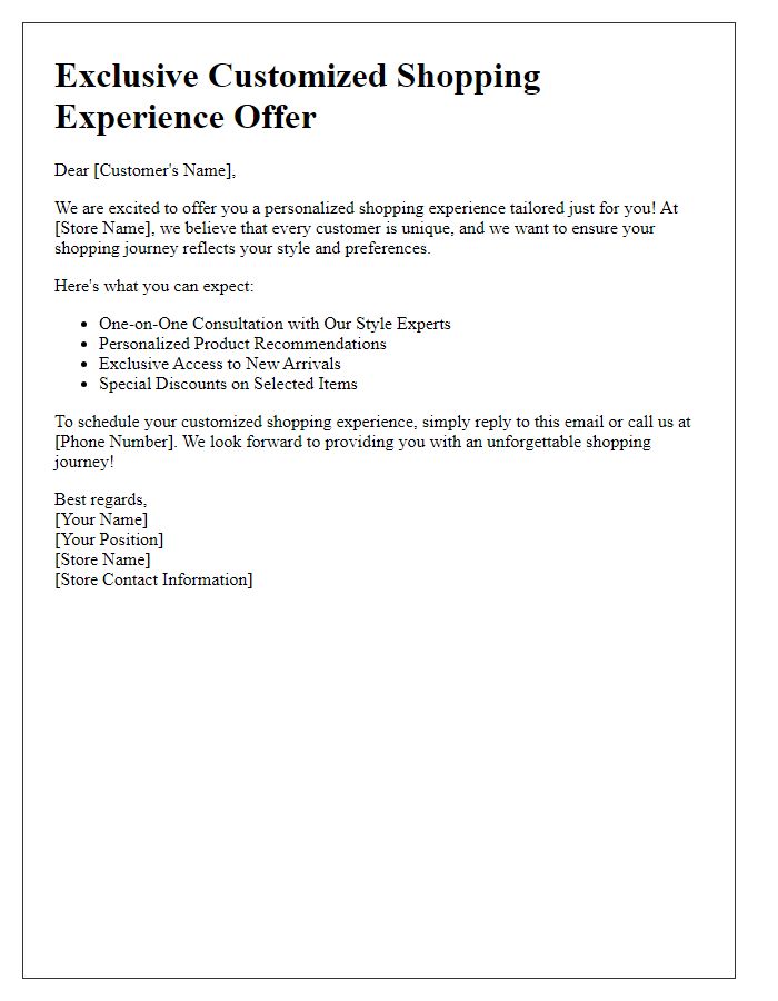 Letter template of customized shopping experience offer