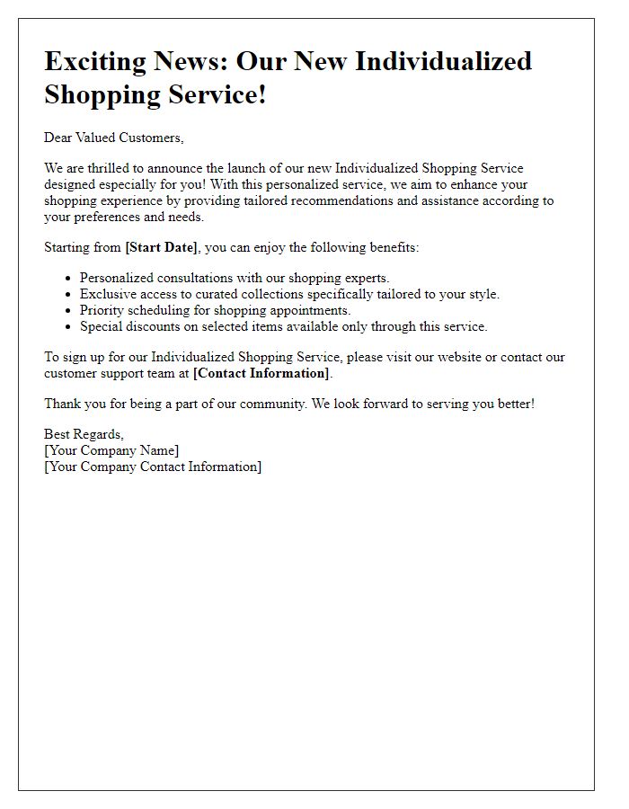 Letter template of individualized shopping service announcement