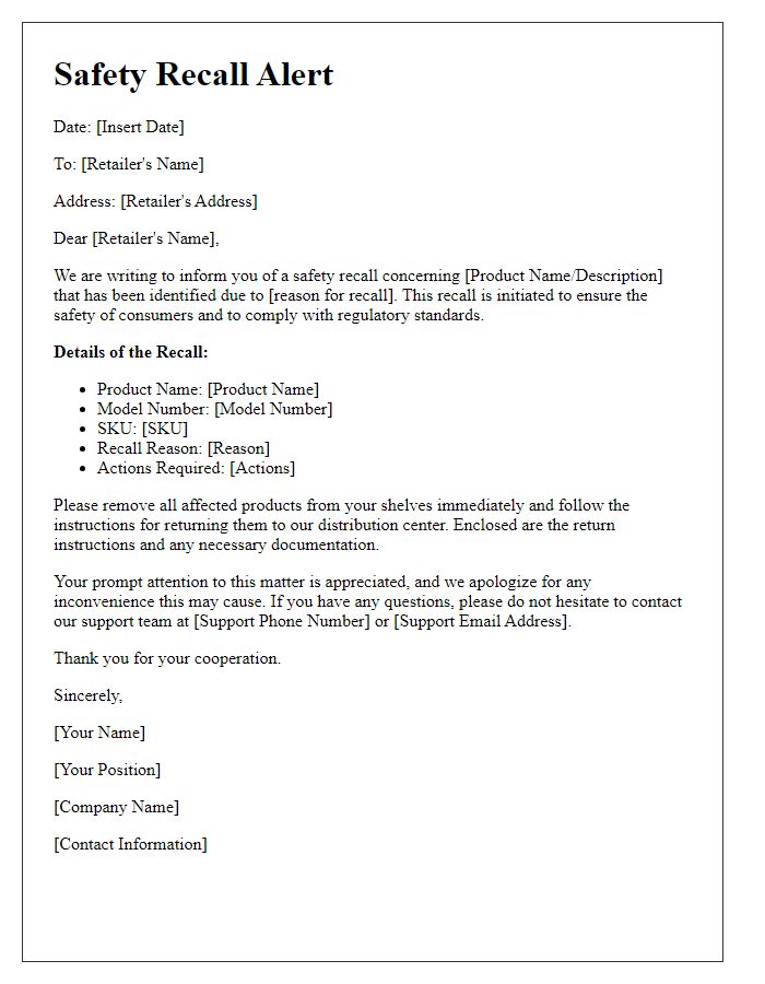 Letter template of safety recall alert for retailers