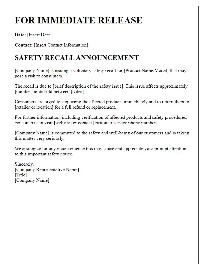 Letter template of safety recall announcement for press release