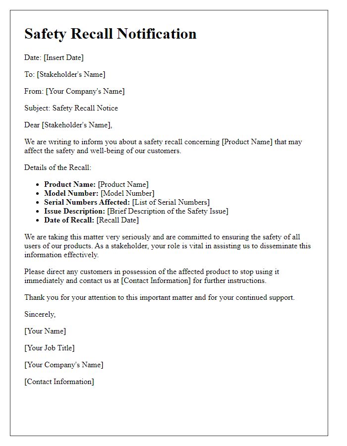 Letter template of safety recall communication for stakeholders