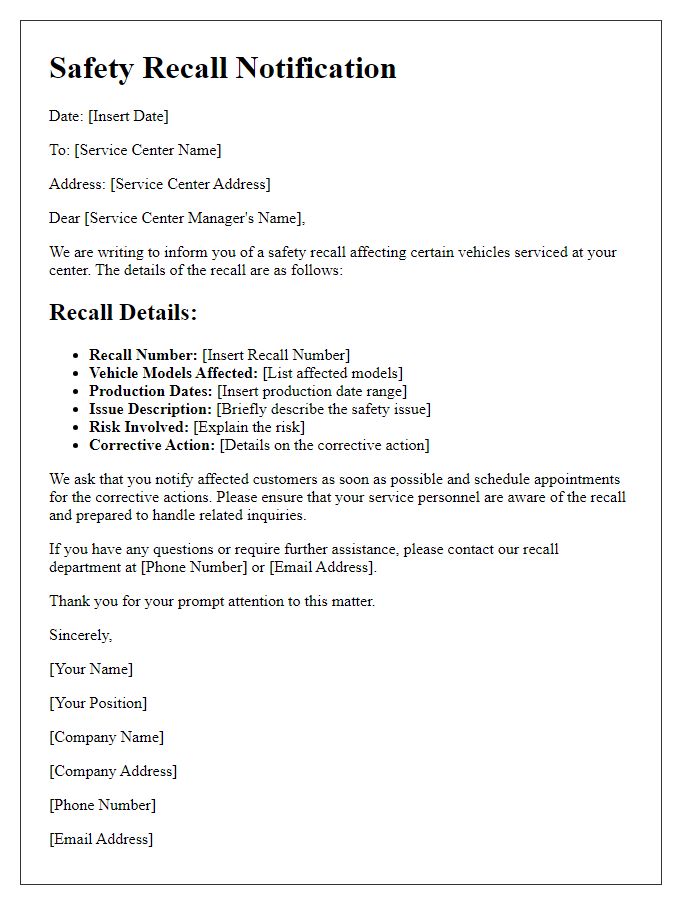 Letter template of safety recall details for service centers