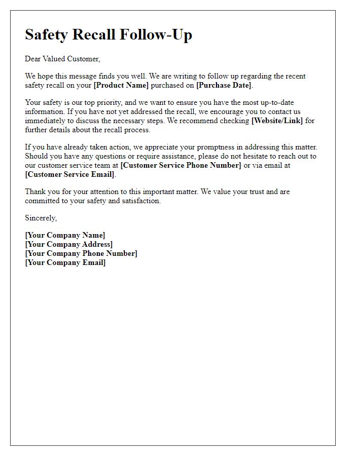 Letter template of safety recall follow-up for existing customers