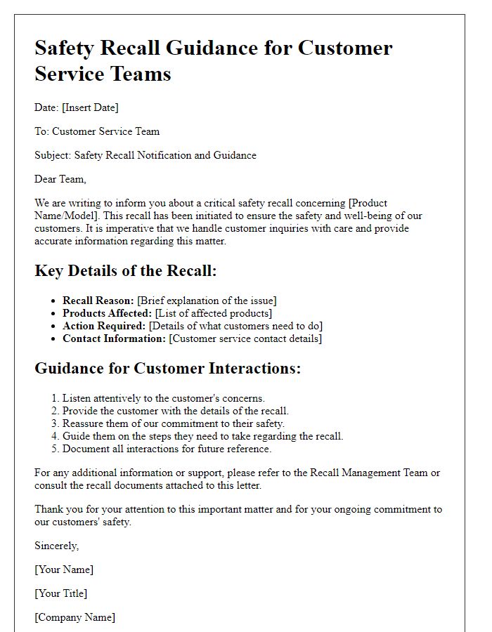 Letter template of safety recall guidance for customer service teams