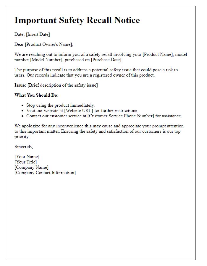 Letter template of safety recall information for product owners