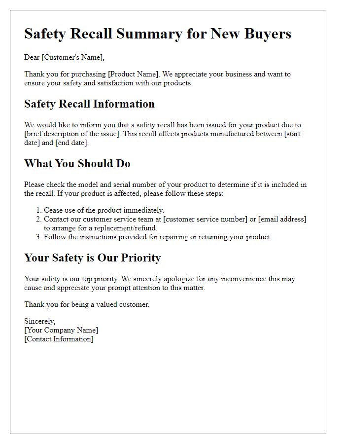 Letter template of safety recall summary for new buyers