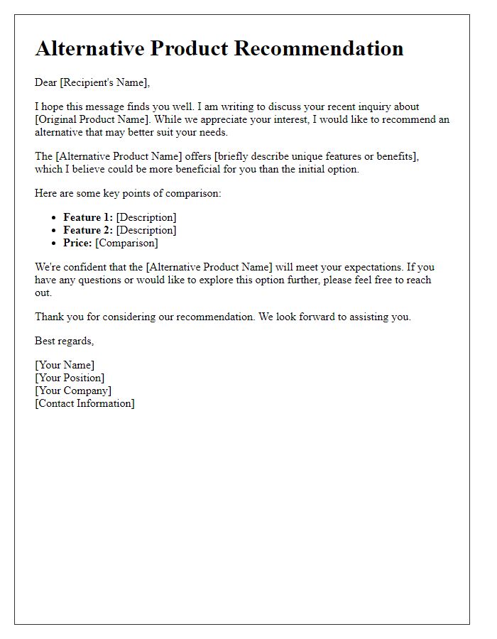 Letter template of alternative product recommendation