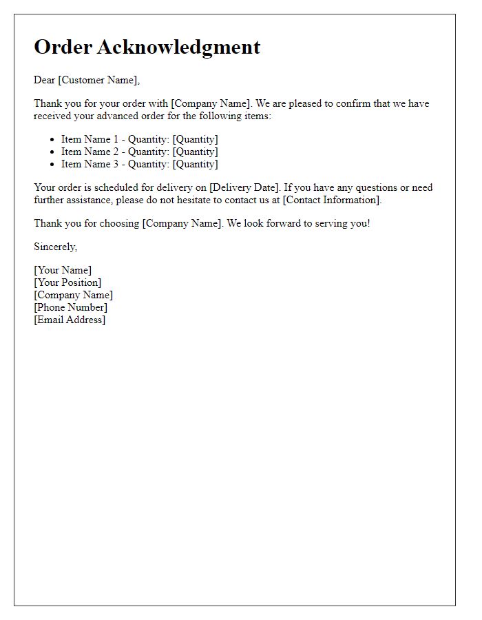 Letter template of Acknowledgment for Advanced Order Confirmation