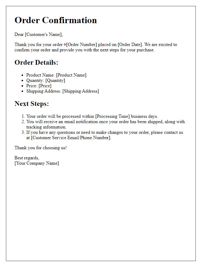 Letter template of Advanced Order Confirmation and Next Steps