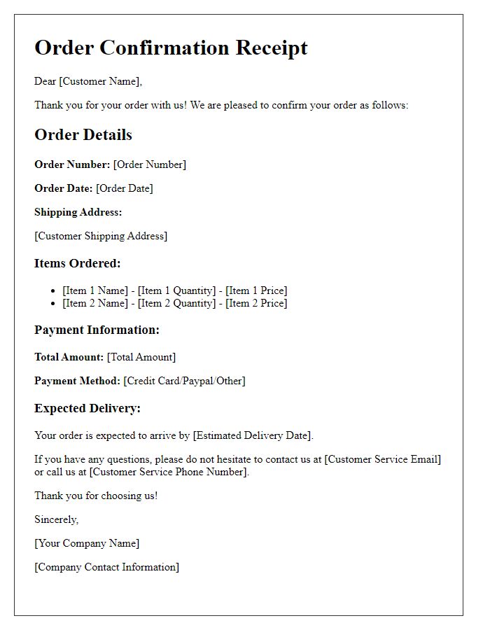 Letter template of Advanced Order Confirmation Receipt