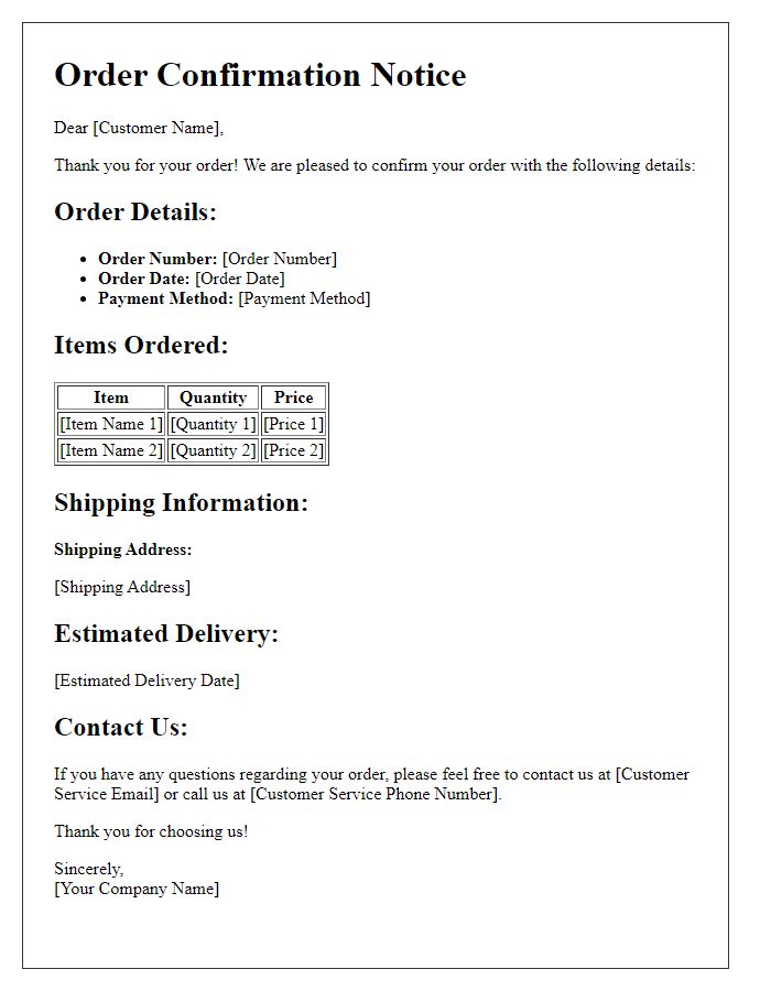 Letter template of Detailed Advanced Order Confirmation Notice