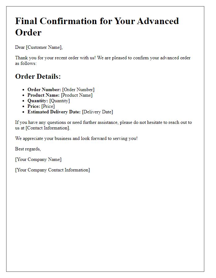 Letter template of Final Confirmation for Your Advanced Order