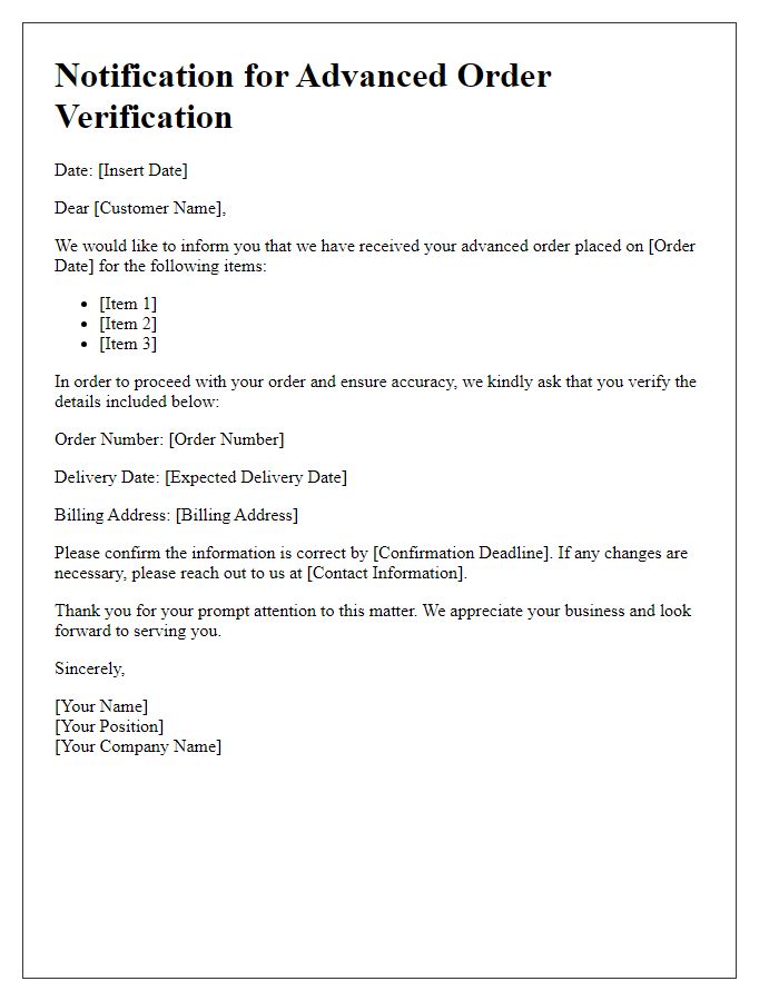 Letter template of Notification for Advanced Order Verification