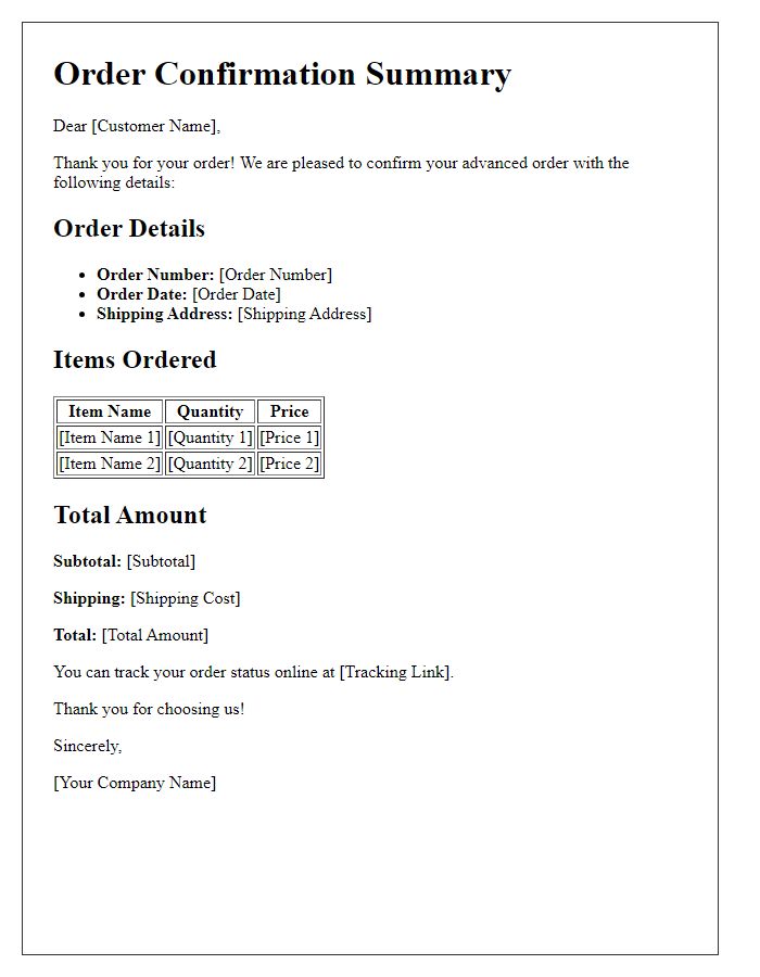 Letter template of Summary of Your Advanced Order Confirmation