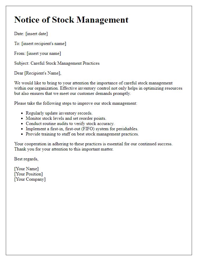 Letter template of careful stock management notice