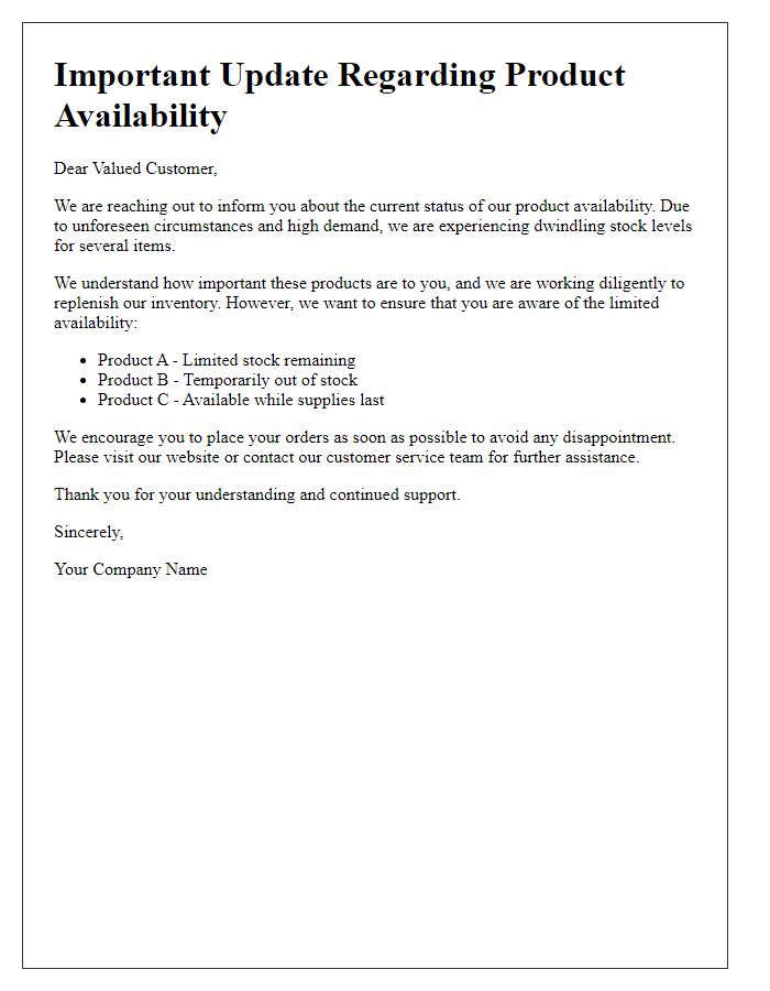 Letter template of dwindling product availability