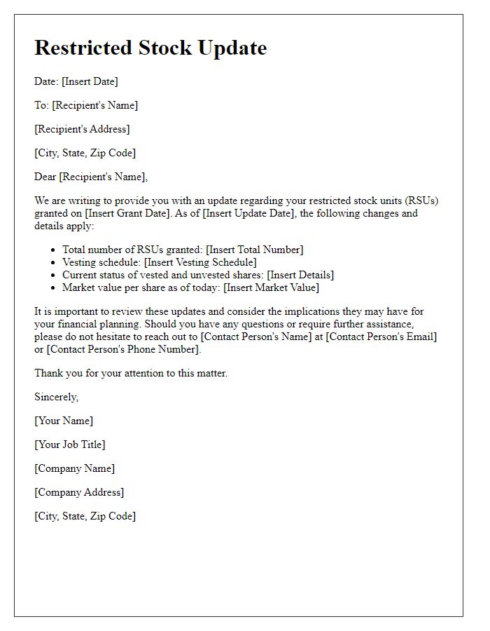 Letter template of restricted stock update