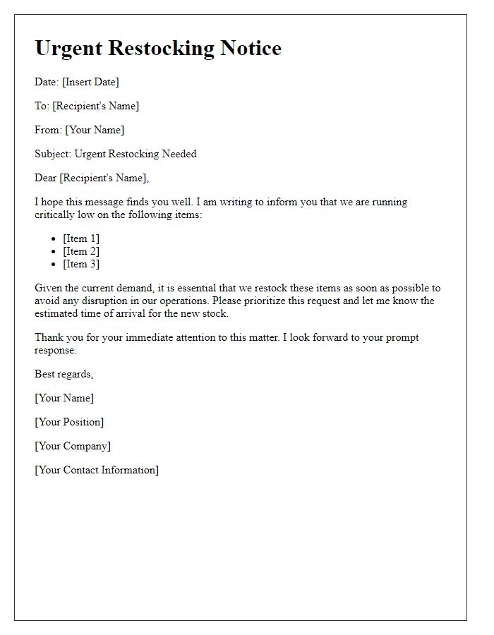 Letter template of urgent restocking notice