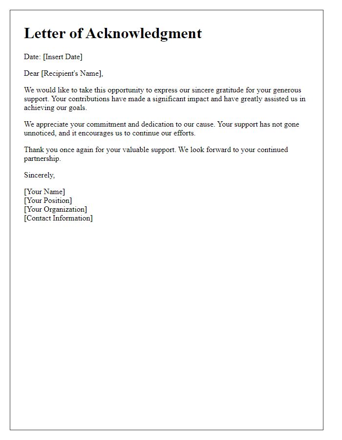 Letter template of acknowledgment for your support