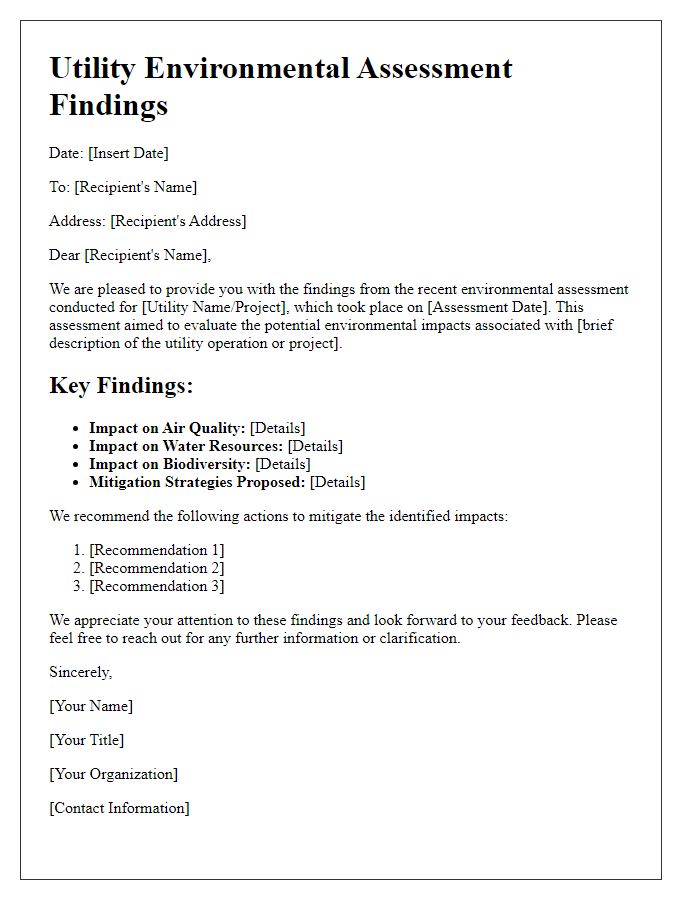 Letter template of utility environmental assessment findings