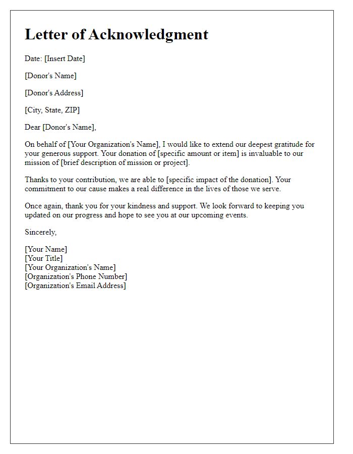 Letter template of acknowledgment for a valued donor