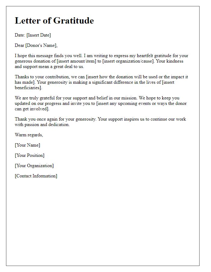 Letter template of gratitude to a kind donor