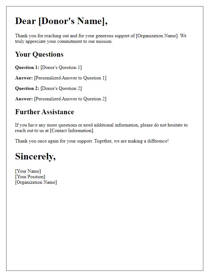 Letter template of personalized answers for donor questions