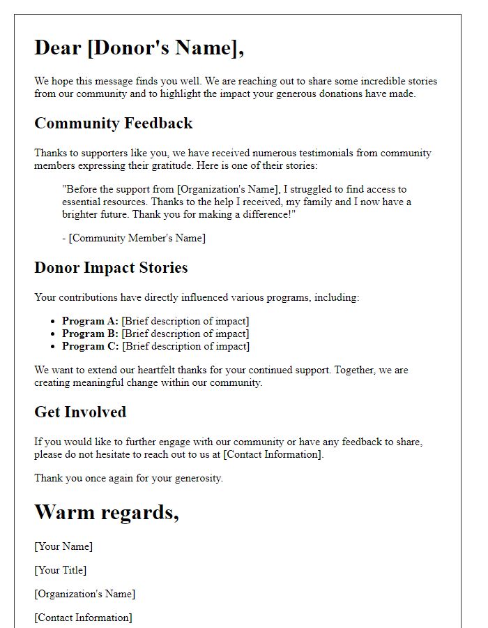 Letter template of community feedback and donor impact stories