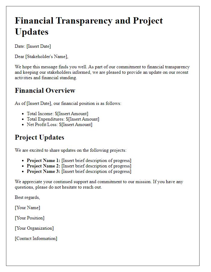 Letter template of financial transparency and project updates