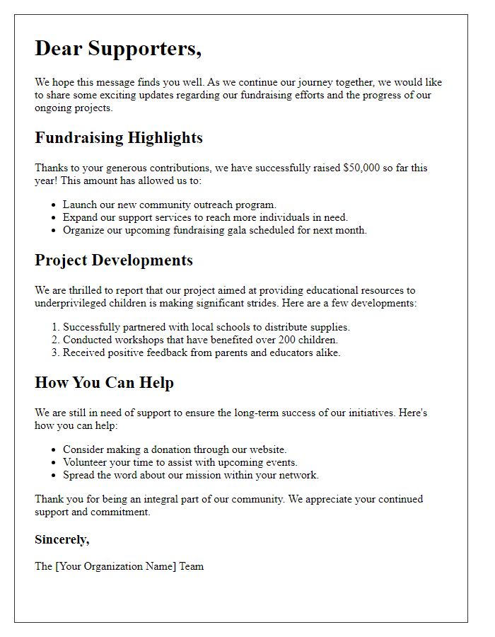 Letter template of fundraising updates and project developments