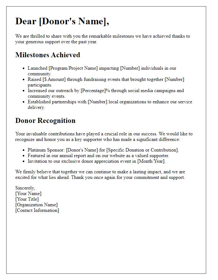 Letter template of milestones achieved and donor recognition