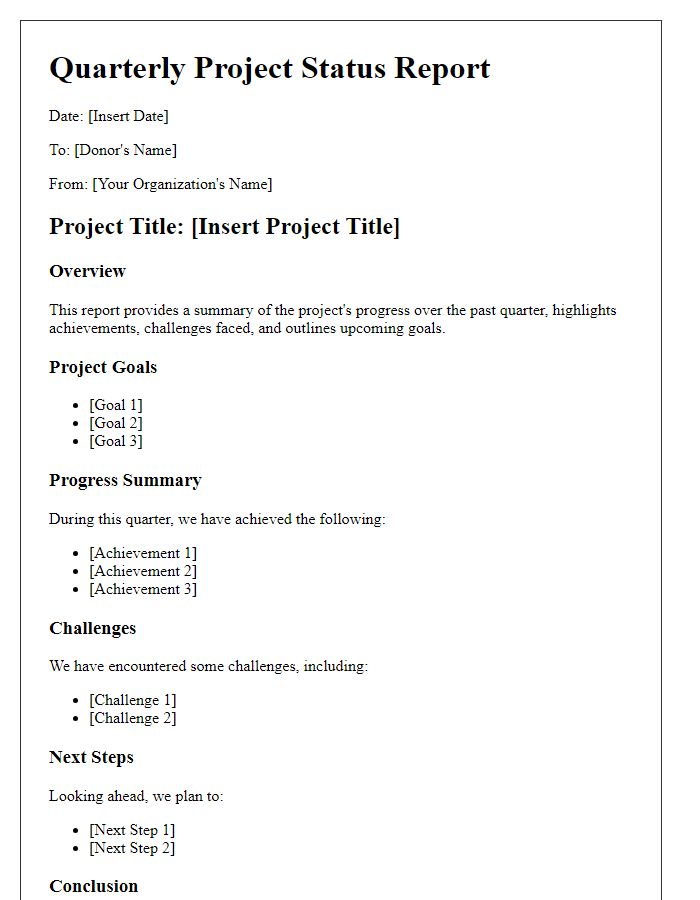 Letter template of quarterly project status for supporting donors