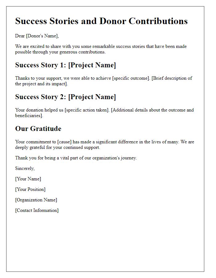 Letter template of success stories and donor contributions